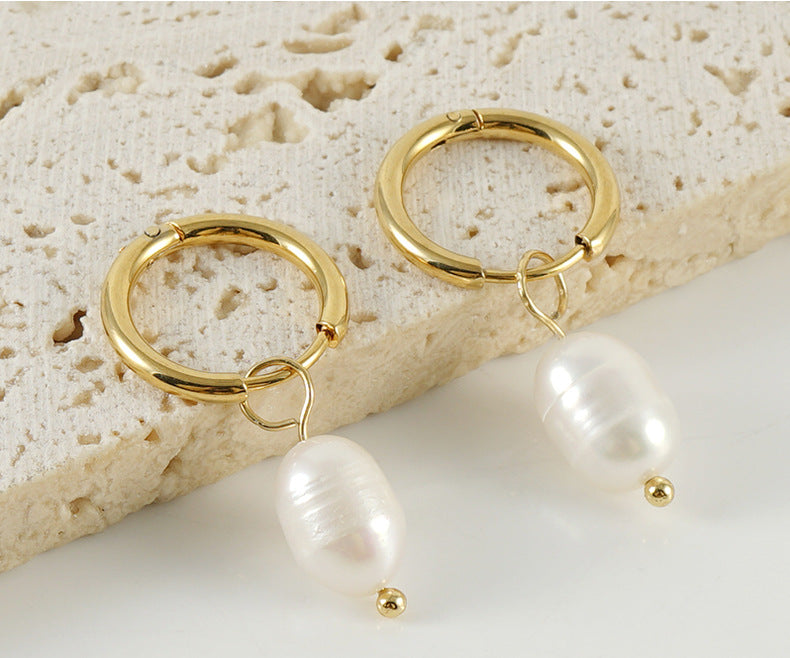 retro geometric stainless steel pearl earrings 1 pair