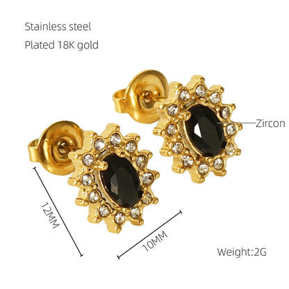 1 Pair Glam Sun Water Droplets Heart Shape Inlay Stainless Steel Rhinestones Zircon 18K Gold Plated Ear Studs