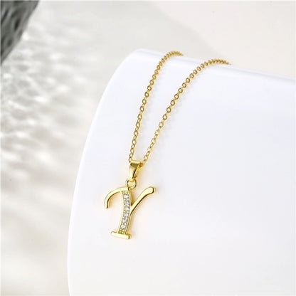 Stainless Steel Titanium Steel 18K Gold Plated Fashion Plating Inlay letter Zircon Pendant Necklace