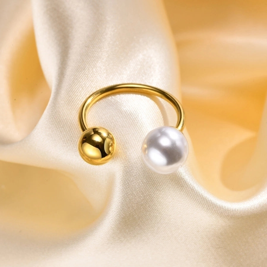 304 Stainless Steel 18K Gold Plated Vacation Plating Inlay Round Artificial Pearls Open Ring