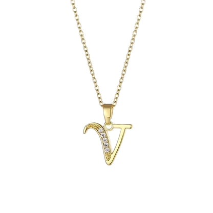 Stainless Steel Titanium Steel 18K Gold Plated Fashion Plating Inlay letter Zircon Pendant Necklace