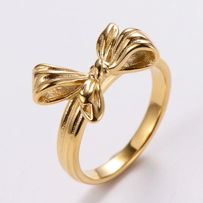 Stainless Steel 18K Gold Plated Fashion Inlay Hand Number Bow Knot Zircon Open Ring