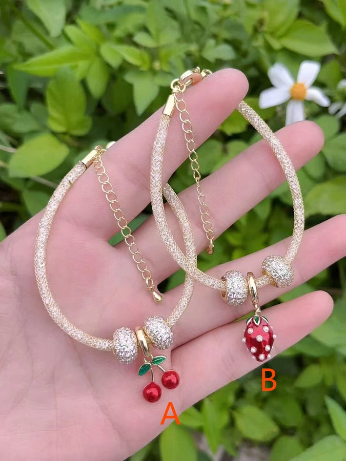 Jewelry Casual Simple Style Cherry Strawberry Rhinestone Copper Acrylic Pearl Zircon 18K Gold Plated Polishing Enamel Plating Bracelets Handmade Chain