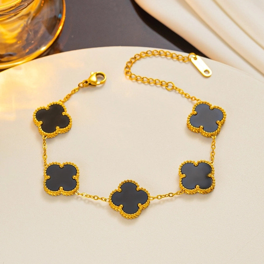 304 Stainless Steel 18K Gold Plated Cute Sweet Inlay Four Leaf Clover Acrylic Bracelets Earrings Necklace