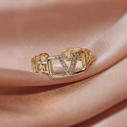 fashion v-shaped women inlay zircon copper open ring