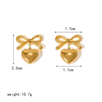 1 Pair Elegant Simple Style Heart Shape Bow Knot Plating 304 Stainless Steel 18K Gold Plated Drop Earrings