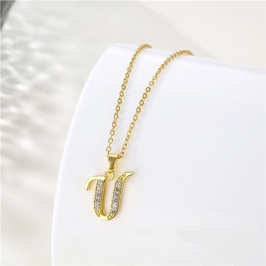 Stainless Steel Titanium Steel 18K Gold Plated Fashion Plating Inlay letter Zircon Pendant Necklace