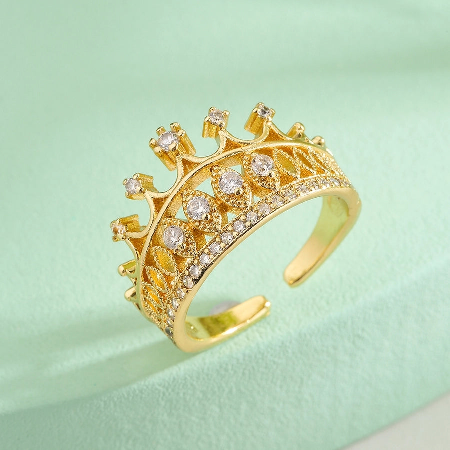 classic style commute crown copper 18k gold plated zircon open ring in bulk