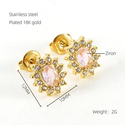 1 Pair Glam Sun Water Droplets Heart Shape Inlay Stainless Steel Rhinestones Zircon 18K Gold Plated Ear Studs