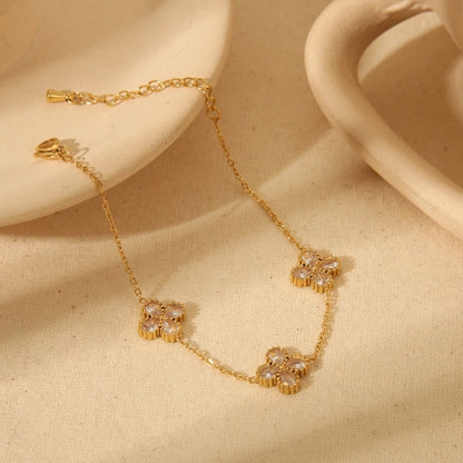 Jewelry French Style Commute Four Leaf Clover Solid Color Flower 304 Stainless Steel Zircon 18K Gold Plated Inlay Jewelry Set