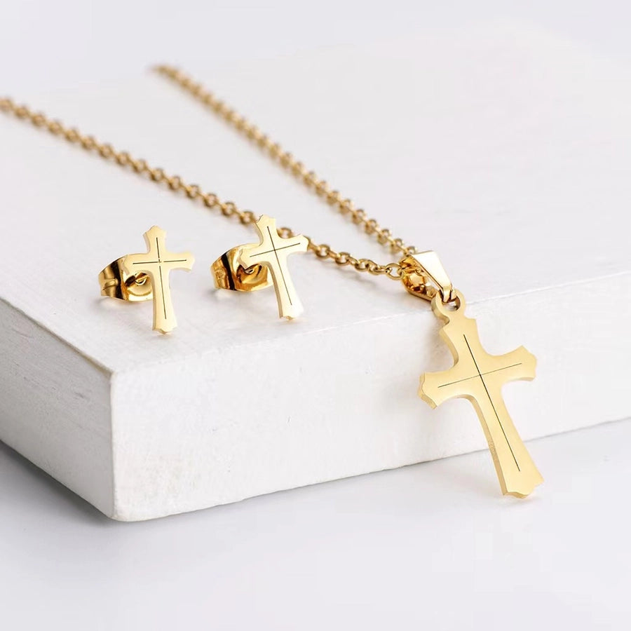 Fashion Geometric Titanium Steel Gold Plated Earrings Necklace