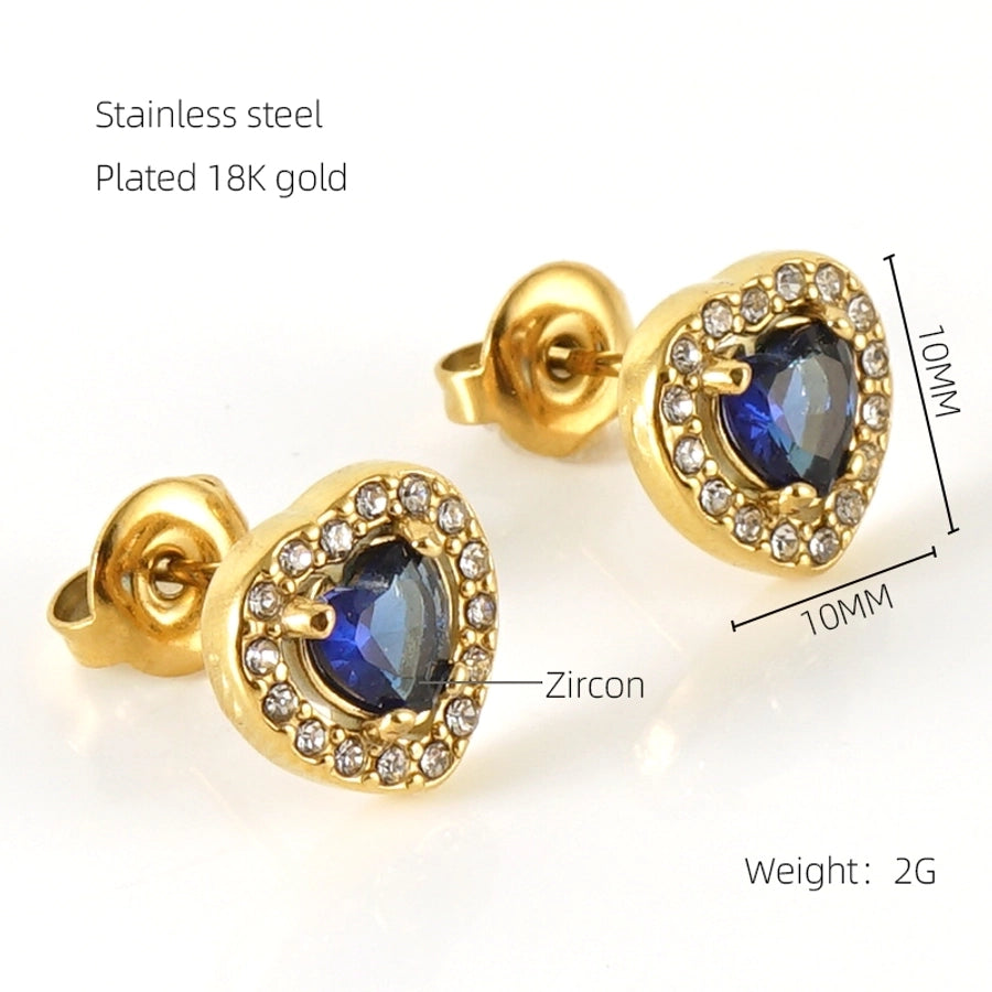 1 Pair Glam Sun Water Droplets Heart Shape Inlay Stainless Steel Rhinestones Zircon 18K Gold Plated Ear Studs