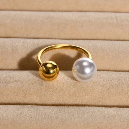 304 Stainless Steel 18K Gold Plated Vacation Plating Inlay Round Artificial Pearls Open Ring