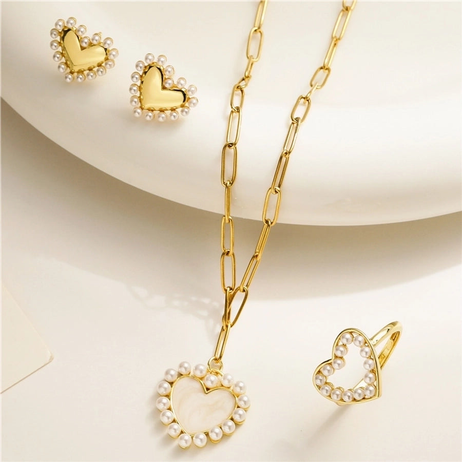 elegant vacation simple style heart shape copper 18k gold plated artificial pearls rings necklace in bulk