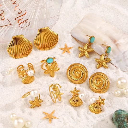 Jewelry Beach Starfish Shell 304 Stainless Steel Artificial Pearls Amazonite 18K Gold Plated Inlay Rings Earrings