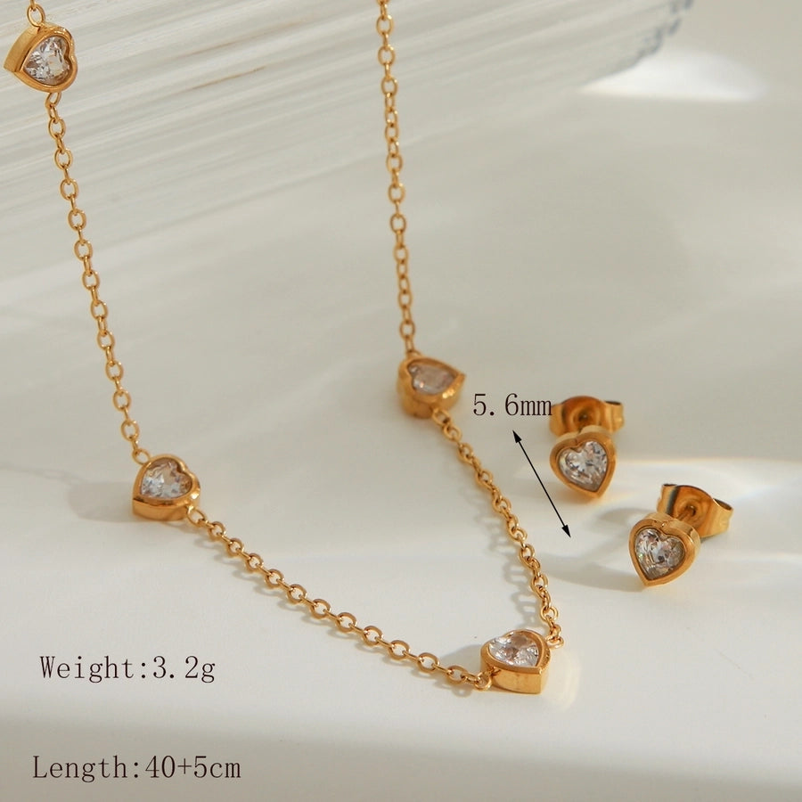 Jewelry IG Style Basic Heart Shape Solid Color 304 Stainless Steel Zircon 18K Gold Plated Bracelets Jewelry Set