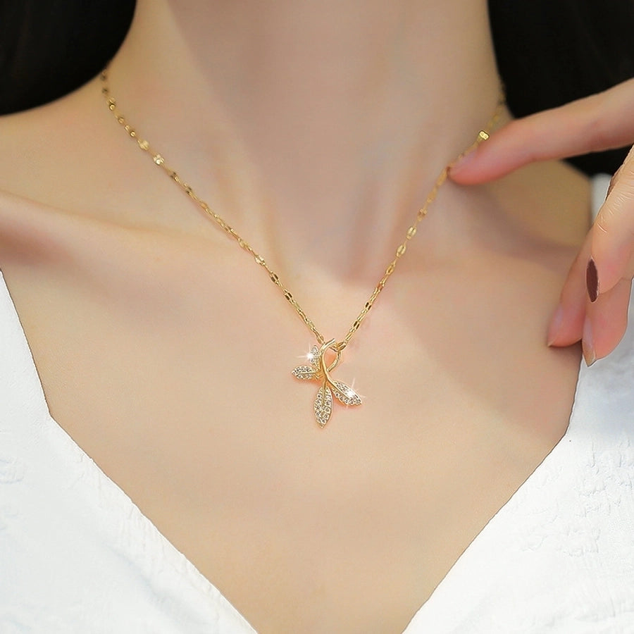 Fashion Heart Shape Butterfly Titanium Steel Copper Inlay Artificial Diamond Pendant Necklace