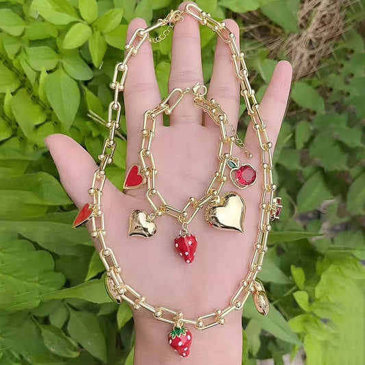 Jewelry IG Style Cherry Heart Shape Strawberry Copper Zircon 18K Gold Plated Polishing Enamel Plating Bracelets Necklace Jewelry Set