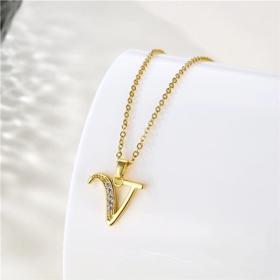 Stainless Steel Titanium Steel 18K Gold Plated Fashion Plating Inlay letter Zircon Pendant Necklace