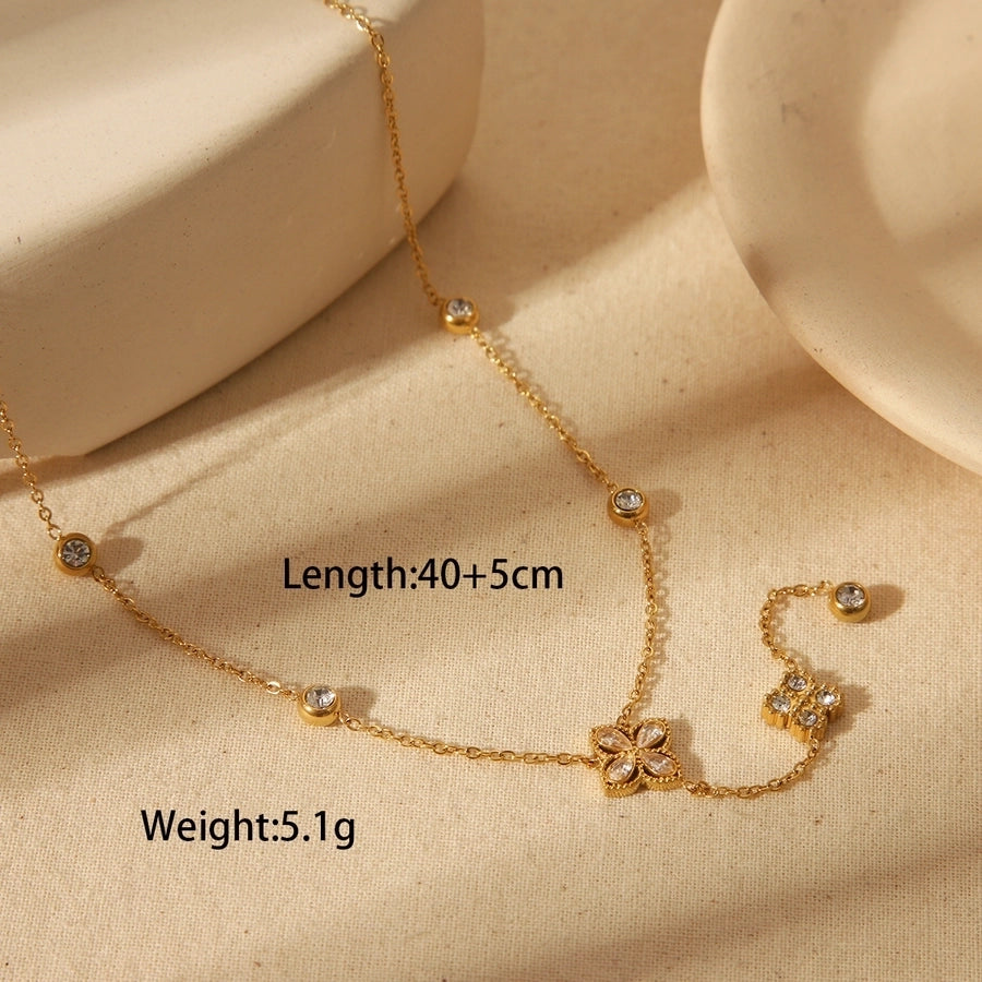 Jewelry French Style Commute Four Leaf Clover Solid Color Flower 304 Stainless Steel Zircon 18K Gold Plated Inlay Bracelets Earrings Necklace