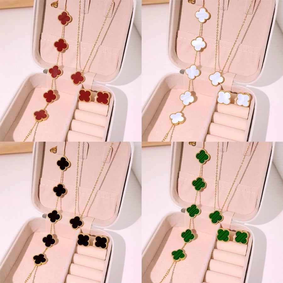 304 Stainless Steel 18K Gold Plated Cute Sweet Inlay Four Leaf Clover Acrylic Bracelets Earrings Necklace