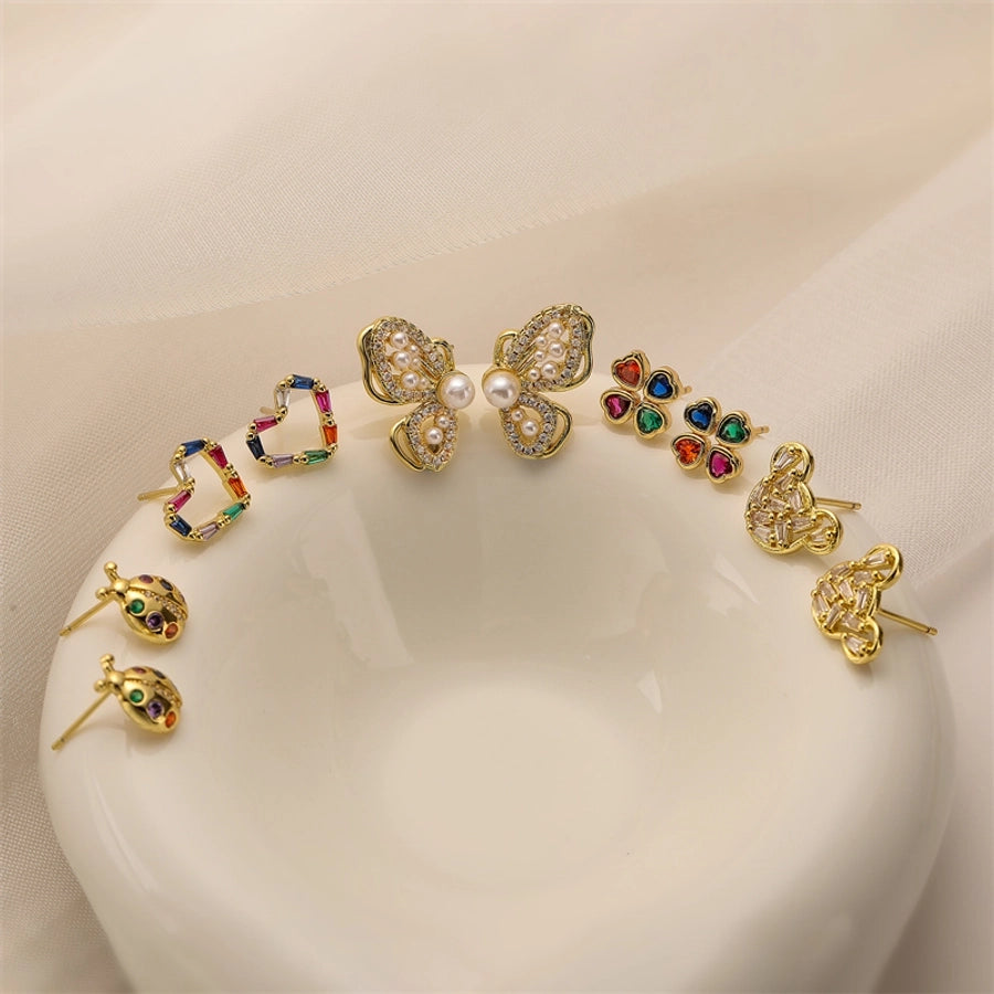 1 pair elegant streetwear heart shape butterfly plating inlay copper zircon gold plated ear studs