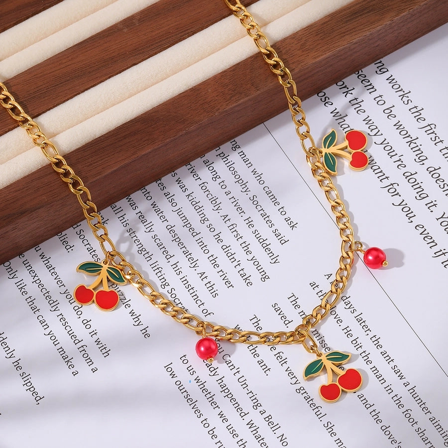 Jewelry Elegant Sweet Cherry 304 Stainless Steel 18K Gold Plated Epoxy Inlay Jewelry Set