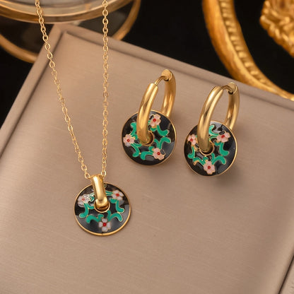 304 Stainless Steel 18K Gold Plated Retro Plating Flower Acrylic Artificial Rhinestones Resin Earrings Necklace