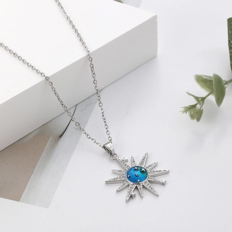 304 Stainless Steel Copper Inlay Sun Zircon Pendant Necklace