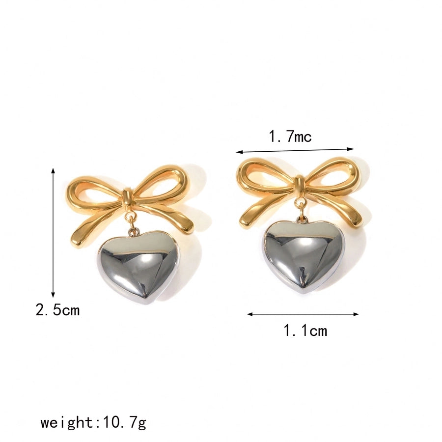 1 Pair Elegant Simple Style Heart Shape Bow Knot Plating 304 Stainless Steel 18K Gold Plated Drop Earrings