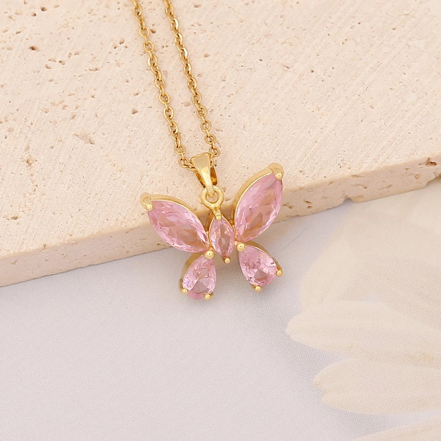 Stainless Steel 18K Gold Plated Casual Plating Heart Shape Butterfly Zircon Pendant Necklace