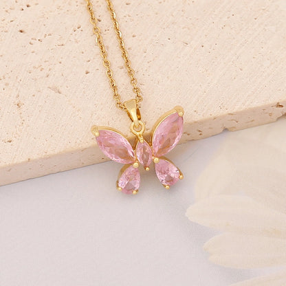 Stainless Steel 18K Gold Plated Casual Plating Heart Shape Butterfly Zircon Pendant Necklace