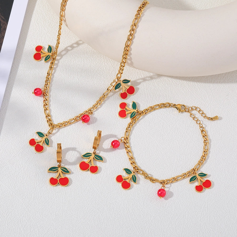 Jewelry Elegant Sweet Cherry 304 Stainless Steel 18K Gold Plated Epoxy Inlay Jewelry Set