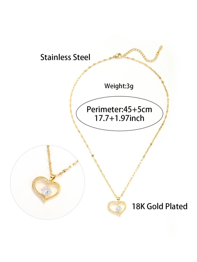 Jewelry Elegant Heart Shape Stainless Steel Zircon Hollow Out Pendant Necklace