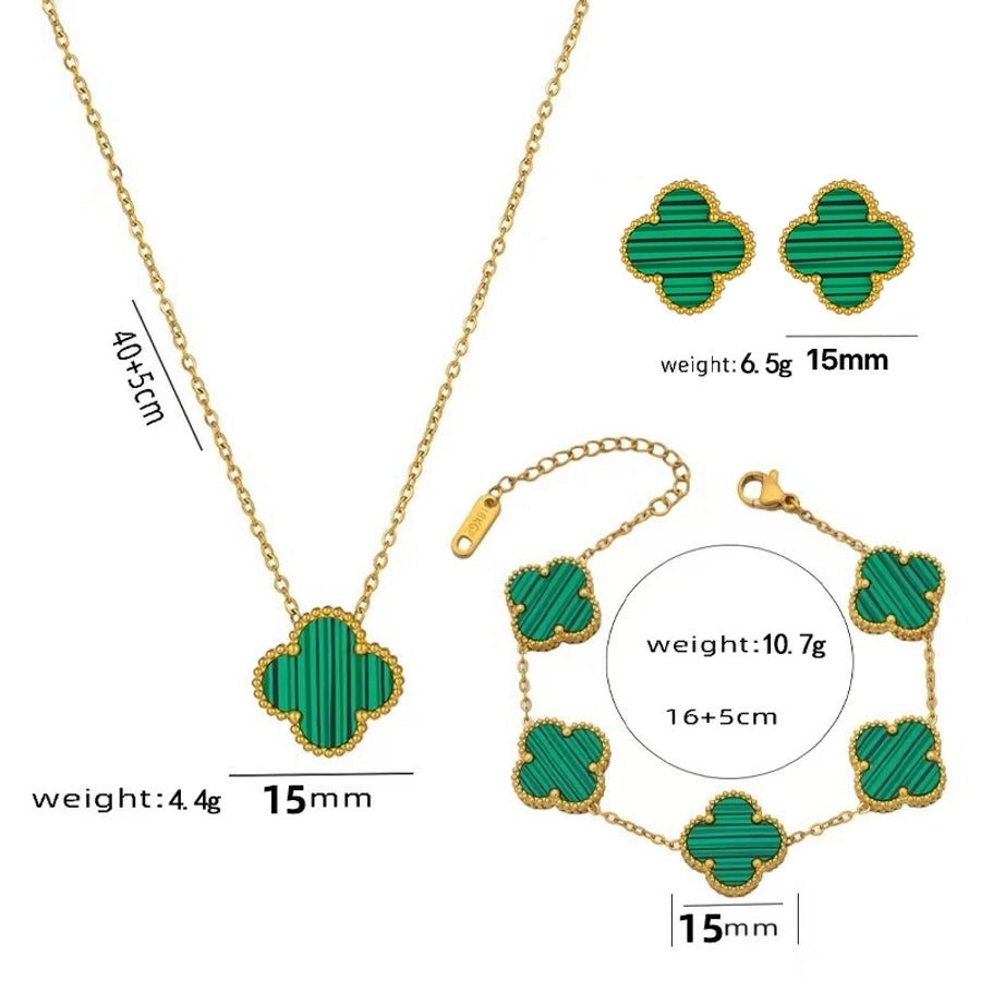 304 Stainless Steel 18K Gold Plated Cute Sweet Inlay Four Leaf Clover Acrylic Bracelets Earrings Necklace