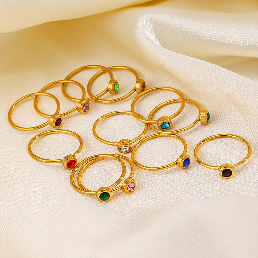 304 Stainless Steel 18K Gold Plated Simple Style Plating Inlay Round Rhinestones Birthstone Rings