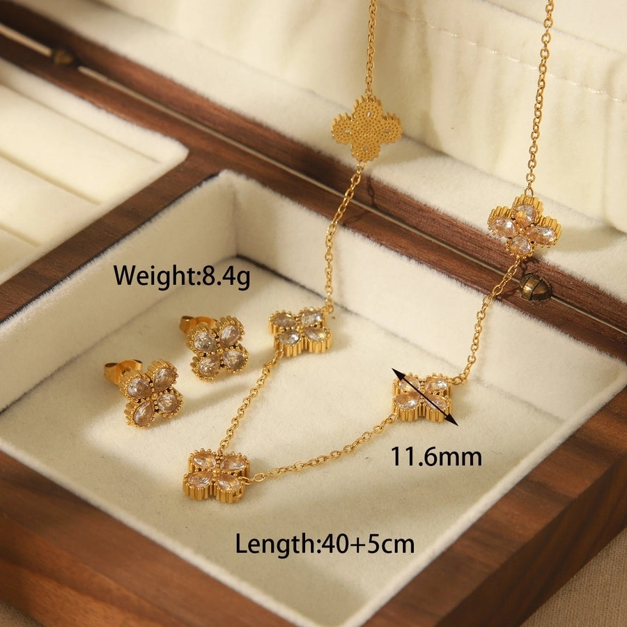 Jewelry French Style Commute Four Leaf Clover Solid Color Flower 304 Stainless Steel Zircon 18K Gold Plated Inlay Jewelry Set