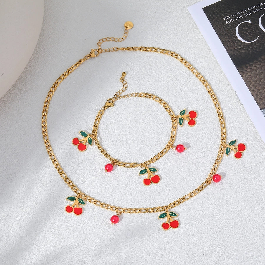 Jewelry Elegant Sweet Cherry 304 Stainless Steel 18K Gold Plated Epoxy Inlay Jewelry Set