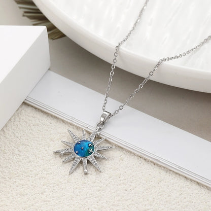 304 Stainless Steel Copper Inlay Sun Zircon Pendant Necklace