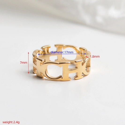 elegant classic style artistic letter titanium steel polishing plating 18k gold plated rings