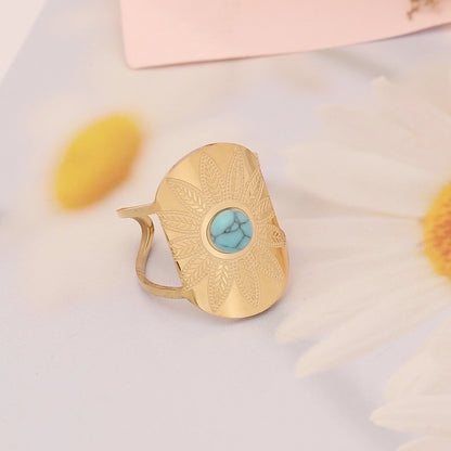 Stainless Steel 18K Gold Plated Fashion Inlay Asymmetrical Dress Turquoise Rings