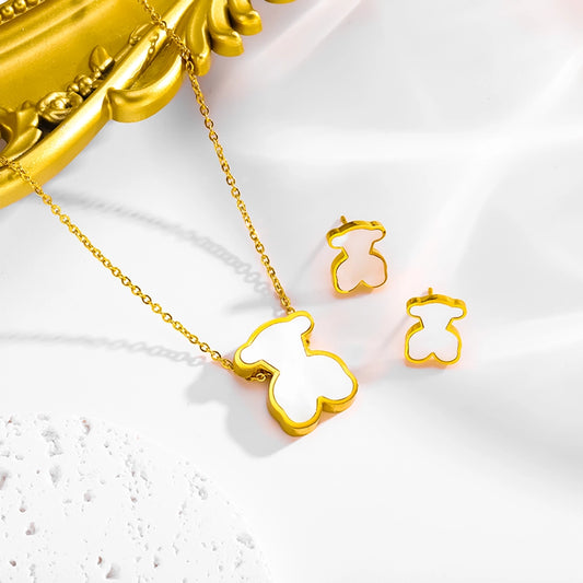 Jewelry Cute Vintage Style Simple Style little bear 304 Stainless Steel 18K Gold Plated Earrings Necklace Jewelry Set