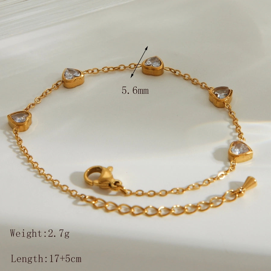 Jewelry IG Style Basic Heart Shape Solid Color 304 Stainless Steel Zircon 18K Gold Plated Bracelets Jewelry Set