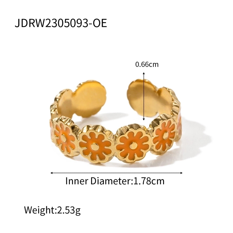 304 Stainless Steel 18K Gold Plated Sweet Enamel Plating Flower Rings