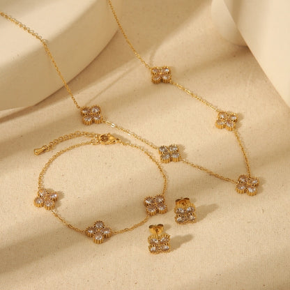 Jewelry French Style Commute Four Leaf Clover Solid Color Flower 304 Stainless Steel Zircon 18K Gold Plated Inlay Jewelry Set