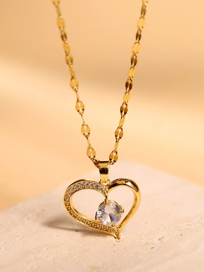 Jewelry Elegant Heart Shape Stainless Steel Zircon Hollow Out Pendant Necklace