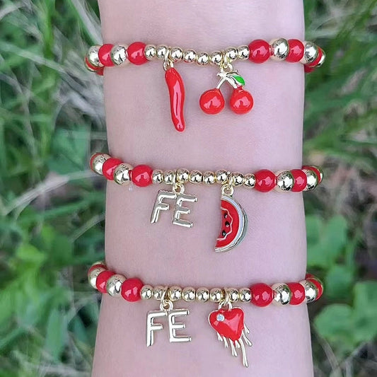 Jewelry Casual Vacation Simple Style Cherry Watermelon chili Copper 18K Gold Plated Beaded Enamel Plating Bracelets