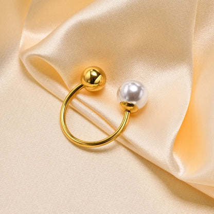 304 Stainless Steel 18K Gold Plated Vacation Plating Inlay Round Artificial Pearls Open Ring