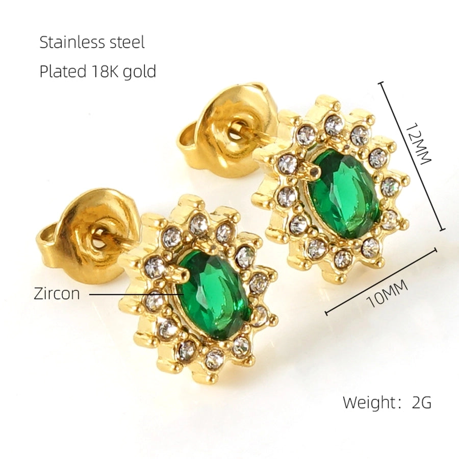 1 Pair Glam Sun Water Droplets Heart Shape Inlay Stainless Steel Rhinestones Zircon 18K Gold Plated Ear Studs