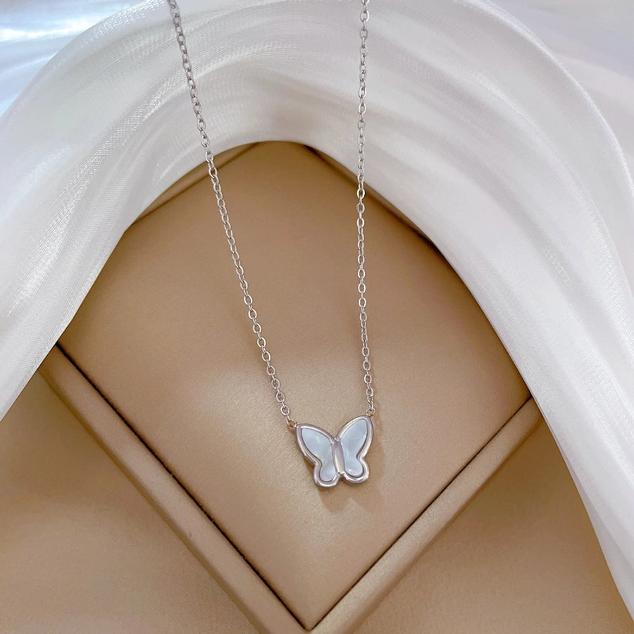 Simple Style Letter Heart Shape Butterfly Titanium Steel Inlay Shell Necklace